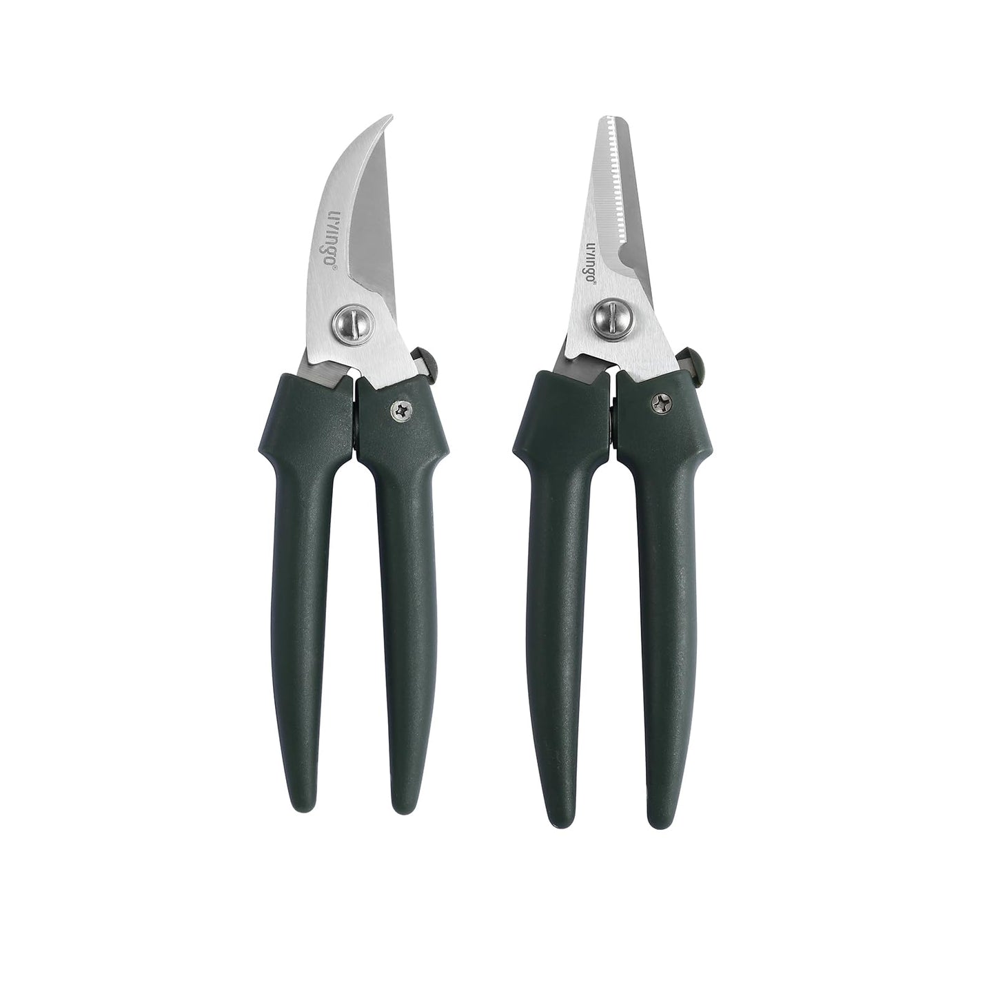 LIVINGO 7.5 Inch Garden Pruning Shears Set, Stainless Steel Straight & Curved Blades with Spring Lock, Hand Pruners for Trimming Plants, Flowers, Herbs and Small Branches