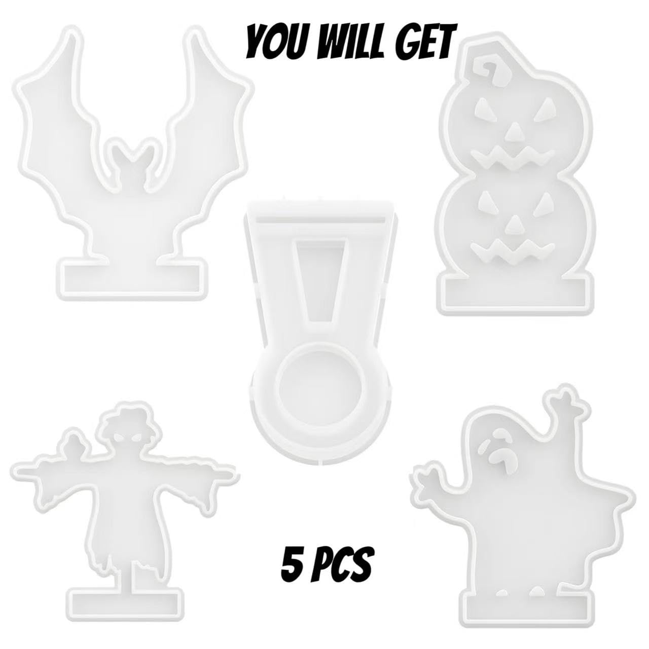 DoDoIYia 5Pcs Casting Shadow Candle Holder Resin Molds Silicone, Halloween Pumpkin Scarecrow Ghost Bat Shadow Resin Tealight Candle Holder Mold, Epoxy Molds for DIY Silicone Casting Mould Home Décor