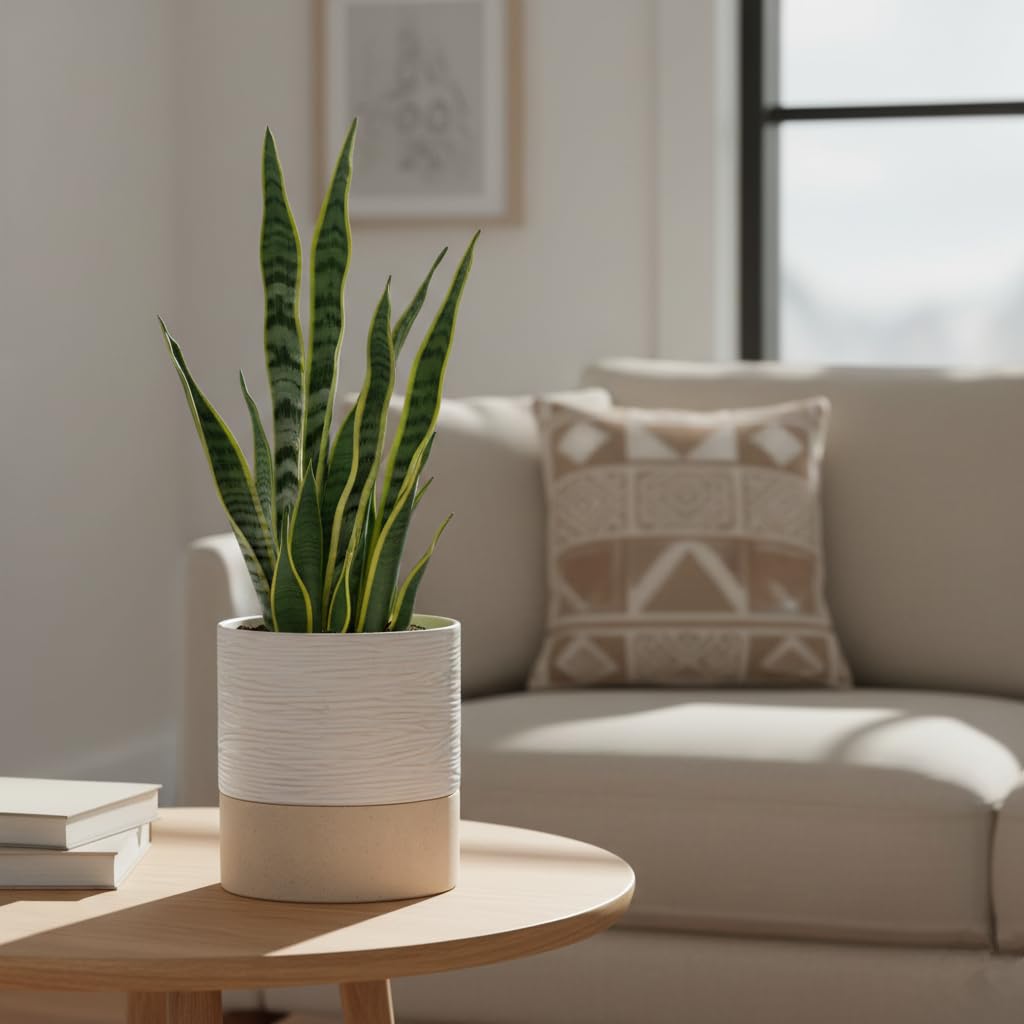 Nihow Self Watering Plant Pot: 6 Inch Ceramic Planter with Drainage Hole & Water Storage Plus for Indoor & Outdoor Plants - Cylinder Round Flower Pot for Succulent/Herbs/Violets - Cream White & Brown