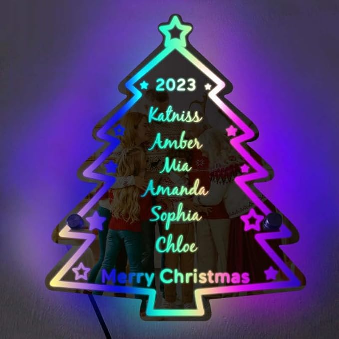 VEELU Personalized Custom Name Mirror LED Light Up, Christmas Tree Wall Decor