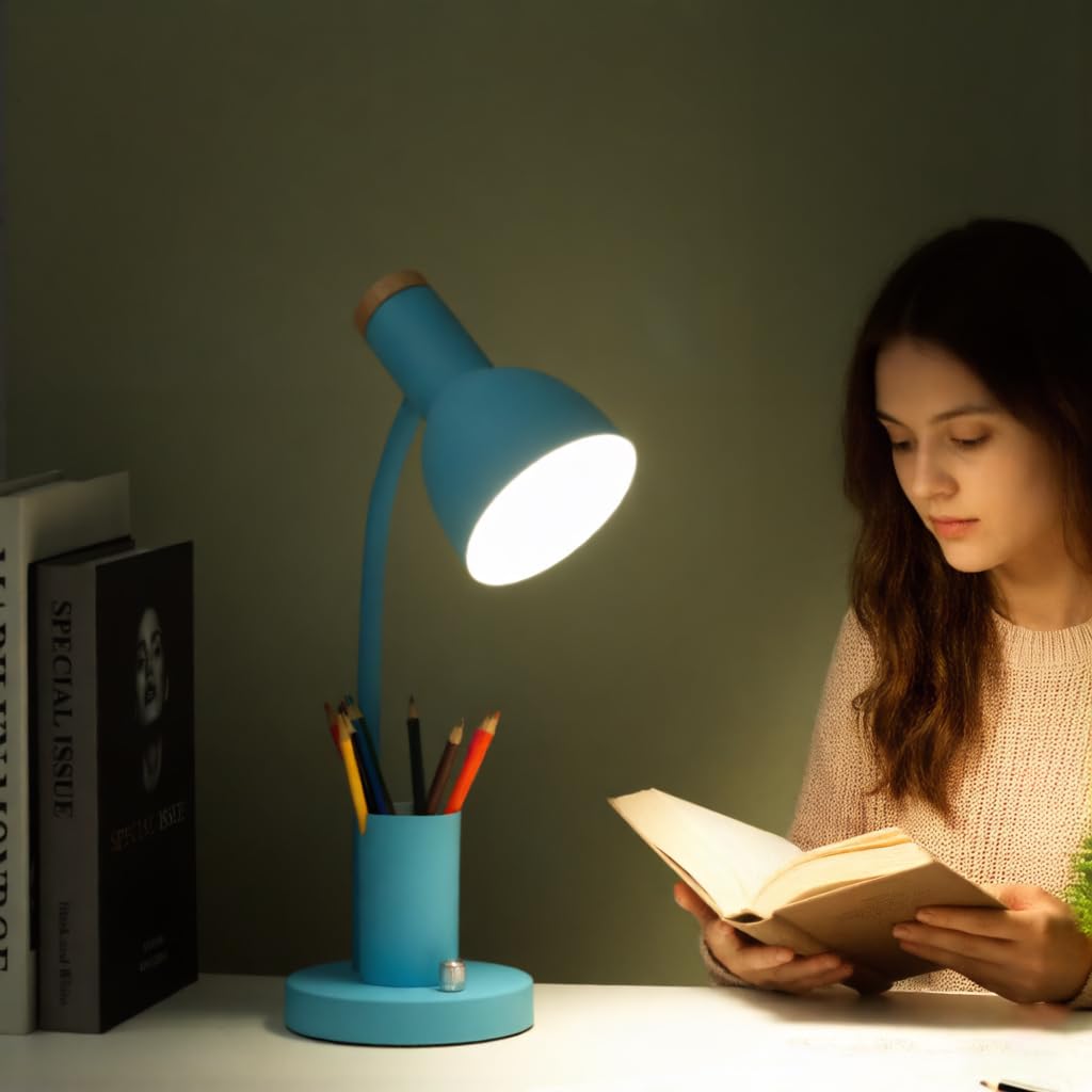 YSJUENAII Desk Lamp with Pen Holder, Green, Wood Accent, Adjustable Gooseneck, Modern Study Light (Green)