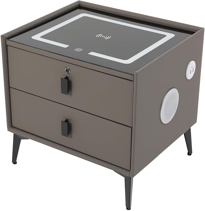 Smart Nightstand w/Fingerprint Lock Drawers, Smart Bedside Table w/USB Charging