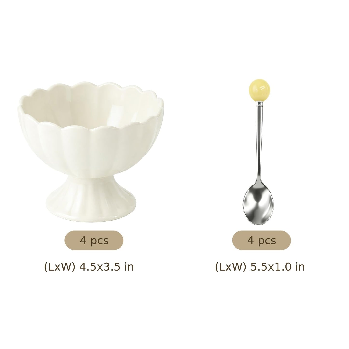 4 Pcs Ceramic Dessert Bowls Set, Elegant Scalloped Rim Pedestal Cups with 4 Spoons, 6.76 fl oz Small Dessert Bowls, Smooth Finish, Easy Clean, 4.5 x 3.5 in for Ice Cream, Snacks, Puddings, White