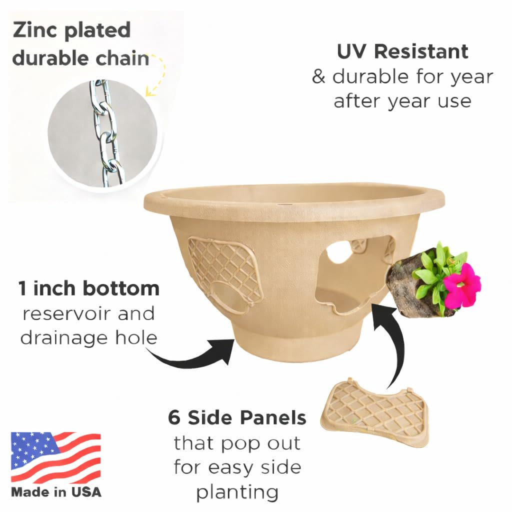 smart spring Ultimate Hanging Basket Strawberry & Flower Planter – 6 Side Planting Spaces, Drainage Hole, 1” Water Reservoir, Zinc-Plated Chain Included, Made in the USA (Desert Sand)
