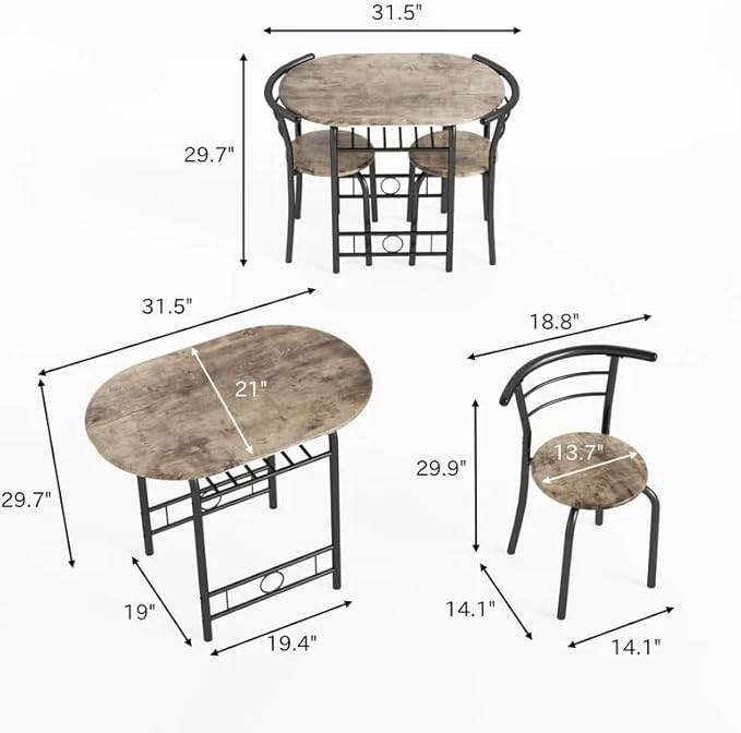 Shahoo 3-Piece Wooden Dining Table Set, Kitchen Breakfast Nook Sets