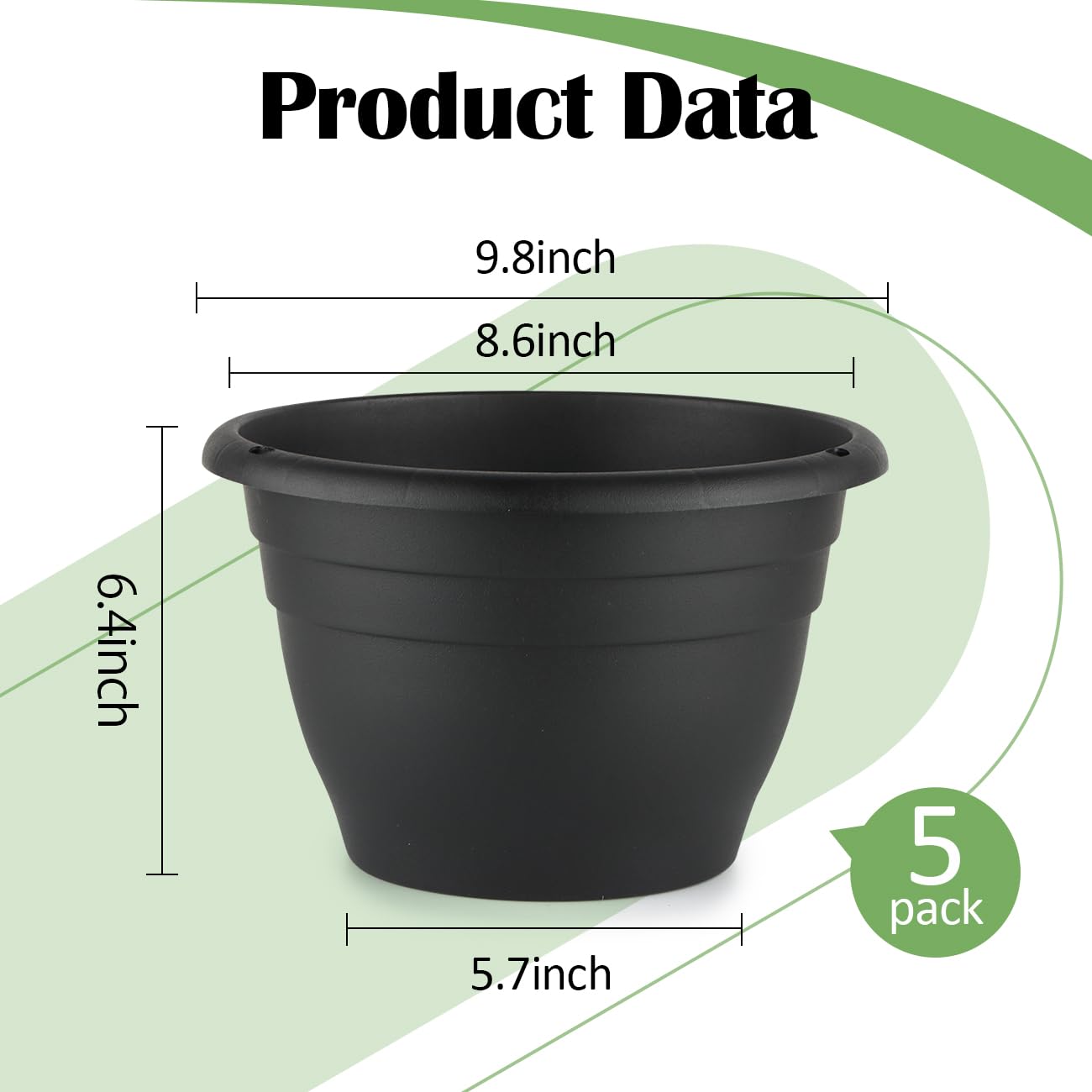 RooTrimmer 5 Pack 10 Inch Plant Pots Plastic Planters with Drainage Holes & Plugs,Lightweight Flower Pots for Indoor Outdoor Plants,Flowers,Monstera,Snake Plant,Home Garden(Black)