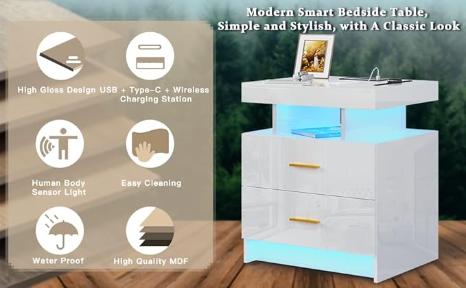 HNEBC Auto LED Nightstand with Wireless Charging Station & USB Ports, High