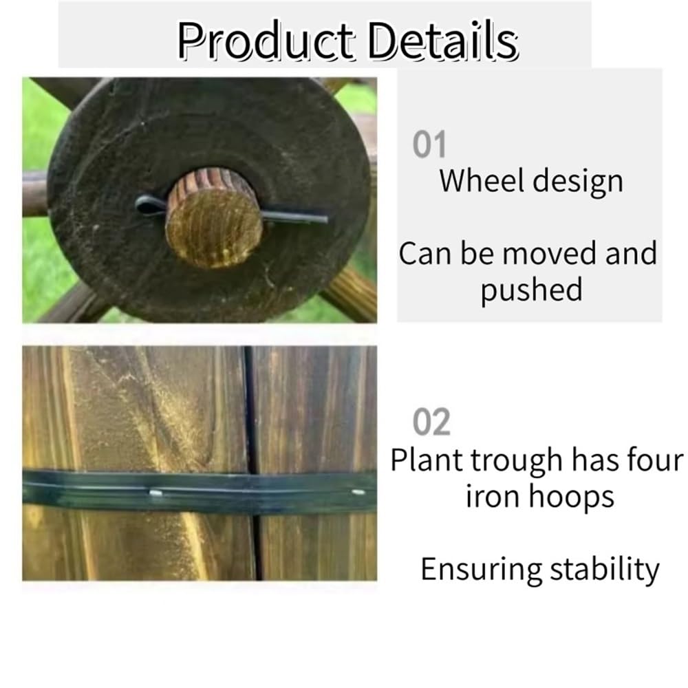 LFSBTI Garden Rustic Wooden Plant Pots, Wagon Wheels for Outdoor Decor, Decorative Wheelbarrow for Patio, Wood Flower Planter Pot Stand with 4 Wheels