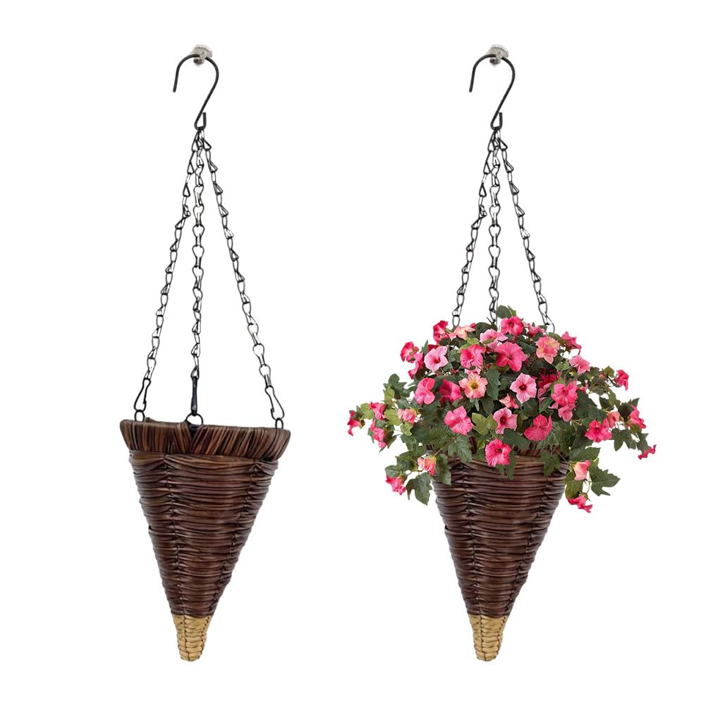 JOYWU Cone Hanging Plant Flower Baskets for Outdoor,2 Pack Artificial Woven Wall Hanging Planter Pots for Garden Plants Flowers,Conical Rattan Vertical Planter Baskets(Not Including Plants)