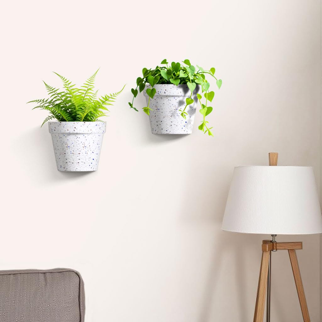 Asnext 2 Pack Plastic Wall Planter for Indoor Plants, 7.5 Inch Hanging Wall Planter Pots, Wall Mounted Succulent Planters (Speckled White)