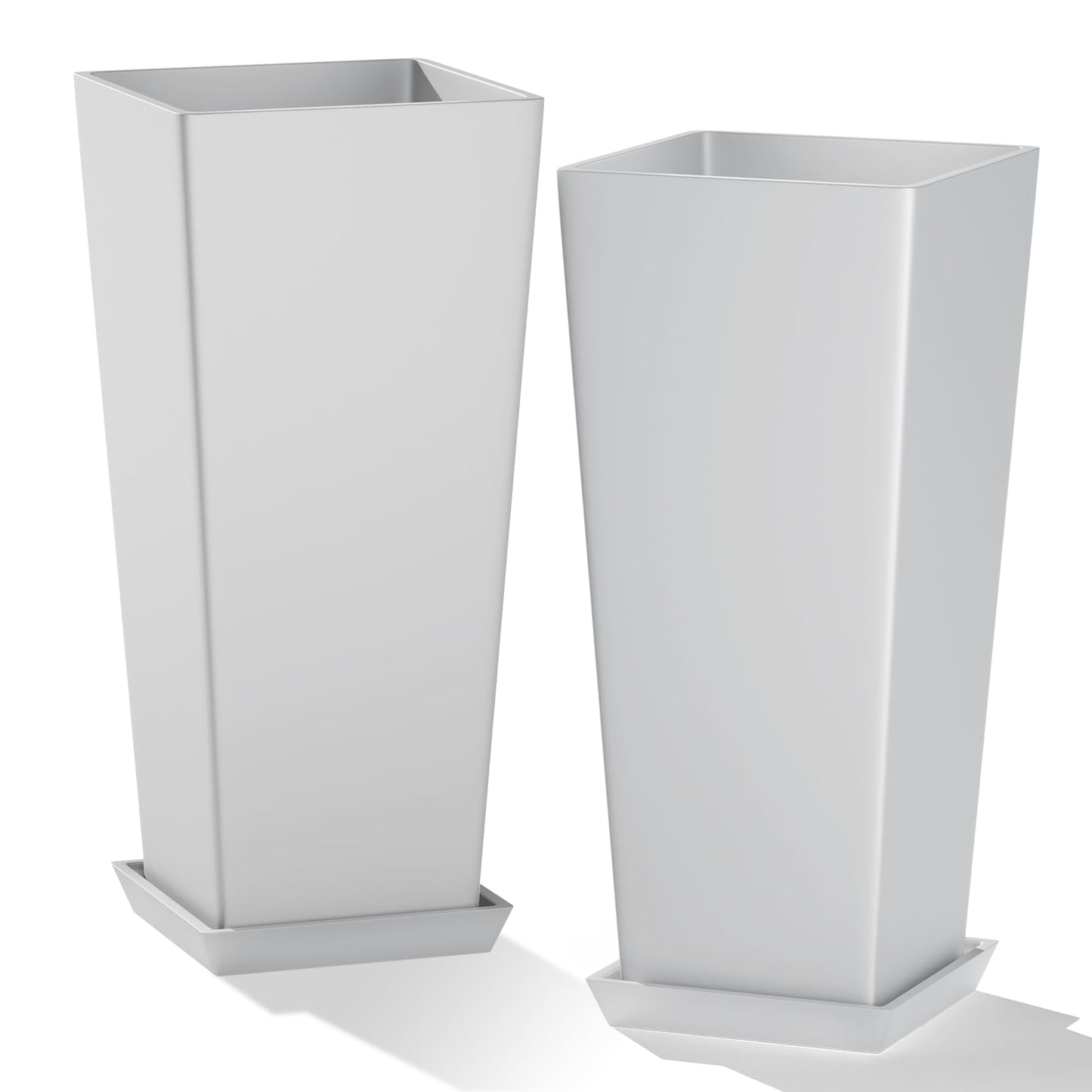 PolarcoForgeco 24" Tall White Planters for Outdoor Plants Set of 2, Large Flower Pots Planters with Drainage Holes & Tray, Modern Indoor Tapered Tall Planter for Front Porch