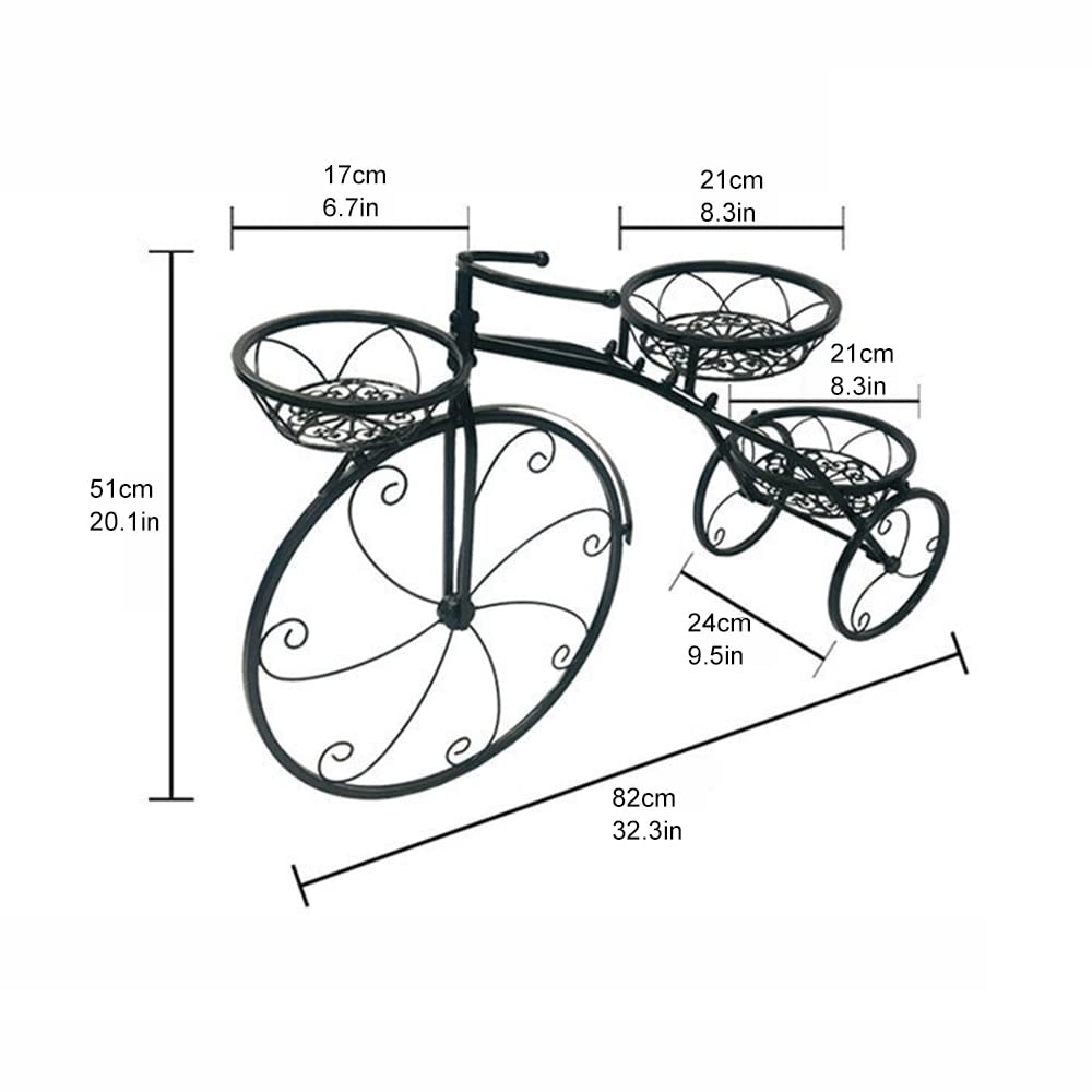 Iron Flower Plant Stand 3 Potted Bicycle Shape Garden Planters Rack Patio Metal Display Shelf Stand Indoor Outdoor (Black- Round) (20.1inh) (Black )