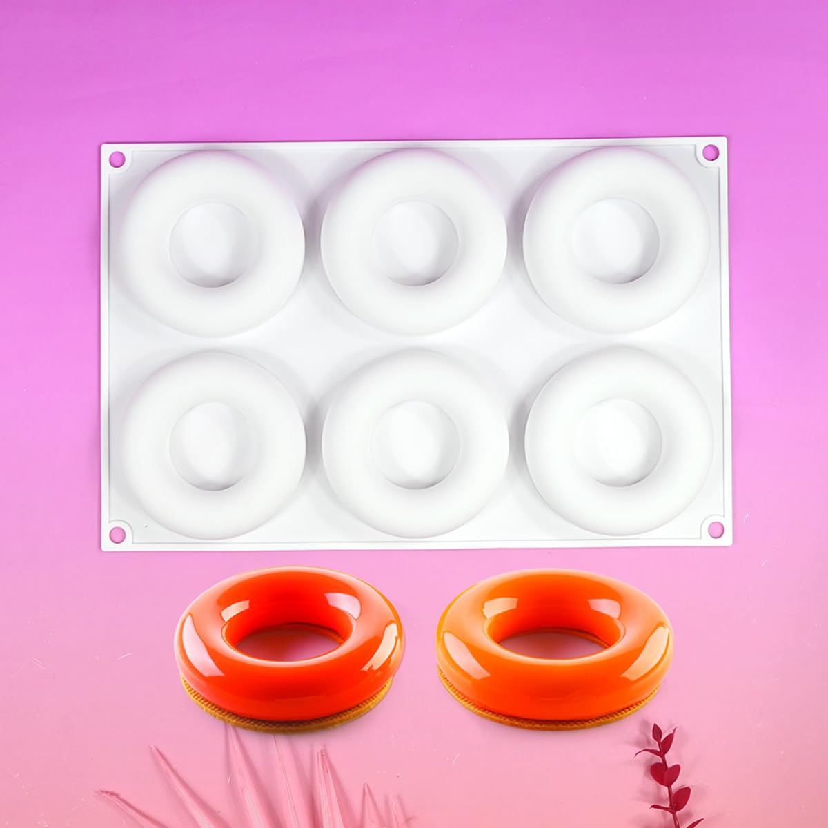 ANGOOD 3D Donut Silicone Mold, Cupcake Baking Pan Mousse Tray Molds, Kitchen Cake Decorating Fondant Mould for Pumpkin Shaped Baking Mousse Cake, 6-Cavity Non-Stick Silicone Moulds (D_ Donut)