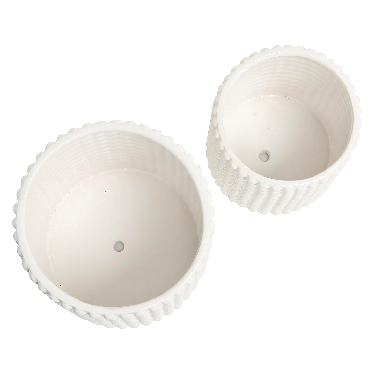 MyGift 6 Inch Ceramic Round Planter Pot, Set of 2 Vintage-Style White Ceramic Flower Pots, Indoor Hobnail Textured Cylindrical Succulent Plant Containers