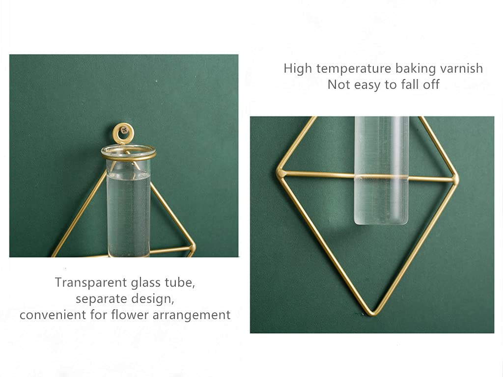 yaocoral 2 Pack Nordic Wall Vase Hanging Geometric Gold Flower Vase Wall Mount Metal Frame Vases Hydroponic Glass Bud Vase Decor for Home Wedding Farmhouse