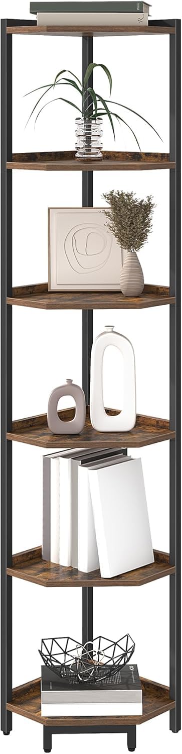 Hzuaneri Corner Shelf Stand, Corner Bookshelf, Storage Standing Shelf Unit with Metal Frame, Plant Stand, Bookcase for Living Room, Home Office, Bedroom, 6-Tier Rustic Brown CS06001B