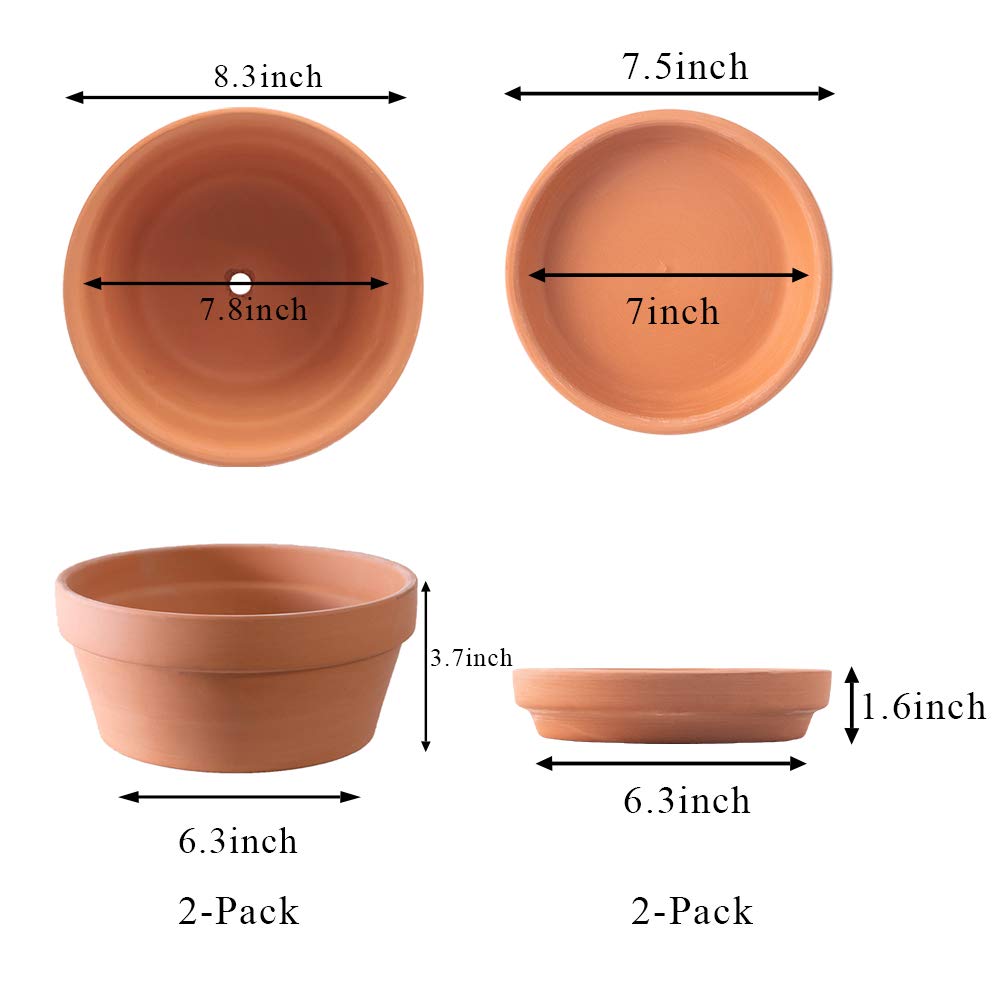 Yishang Large Terracotta Pots with Saucer/Tray for Succulent - 8 Inch Cactus Plant Containers Indoor Garden Bonsai Pots with Drainage Hole - Set of 2, Unglazed Clay Ceramic Pottery Planter