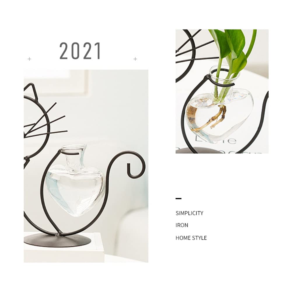Likense Glass Planter Vase Holder, Lovely Cat Shape Hydroponics Vase with Metal Holder for Hydroponics Plants Black B