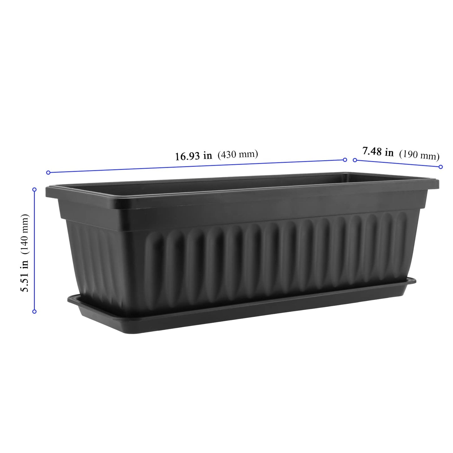 KEILEOHO 6 Pack 17 Inch Plastic Window Flower Box Planter, Rectangular Windowsill Planters with Trays and 30 Plant Labels, Countryside Flower Box Planter Plastic Vegetable Planters, Black