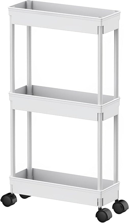 Sooyee 3 Tier Rolling Cart with Wheels, Slim Storage Cart, Under Desk Narrow Rolling Utility Cart Storage Organizer for Office Bathroom Kitchen Laundry Room Narrow Places, White, Plastic and Metal