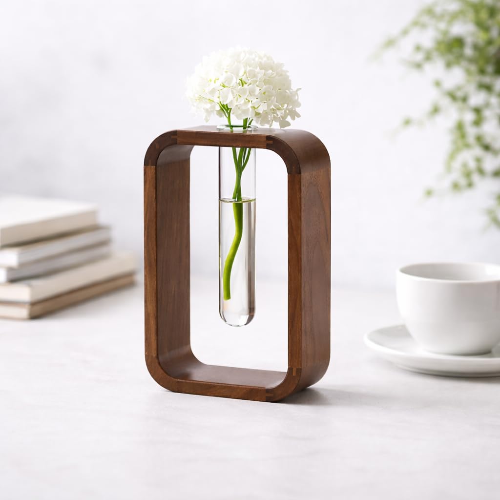 TerraSol Modern Wooden Frame Glass Vase Hydroponic Planter – Minimalist Square Propagation Station with Test Tube Vase – Indoor Plant Terrarium for Flower, Cuttings & Home Office Decor