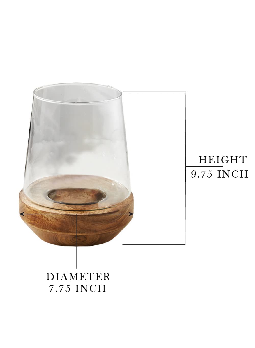 Serene Spaces Living Glass Hurricane with Natural Wood Base, Decorative Candle Holder, Glass Terrarium Vase, Bud Vase, Potpourri Container, Wedding, Event, Home Decor, 7.75" Diameter & 9.75" Tall