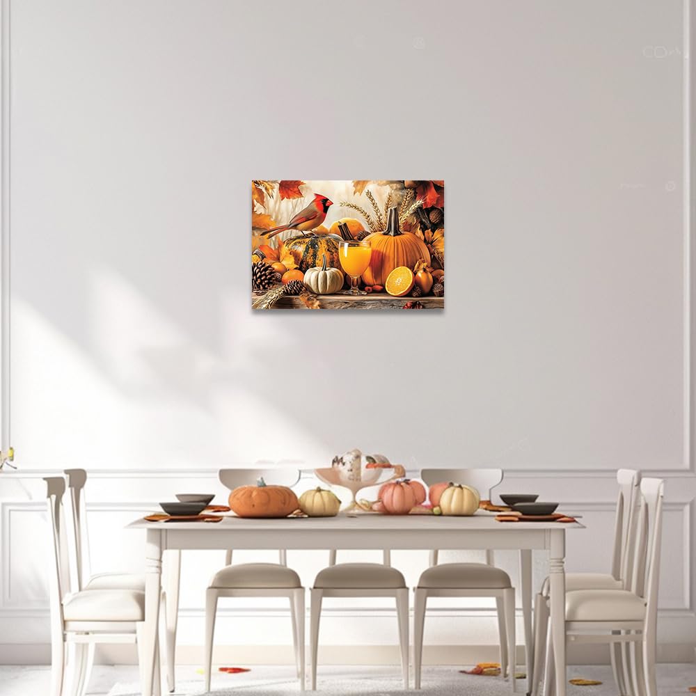 CCWORKERRY Fall Pumpkin Bird Wall Art Canvas Print Farmhouse Autumn Cardinal Painting Rustic Thanksgiving Home Decor for Kitchen Framed(Red,12L x 18W)