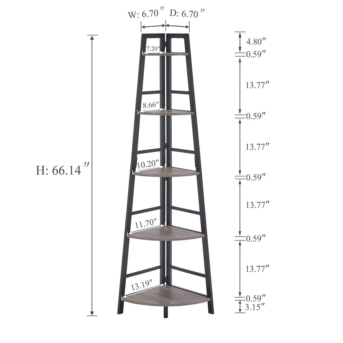 BON AUGURE Rustic Tall Corner Bookshelf, 5 Tier Wood and Black Metal Corner Ladder Shelf, Industrial Corner Bookcase and Gray Corner Shelf for Living Room, Bathroom, Kitchen (Dark Gray Oak)