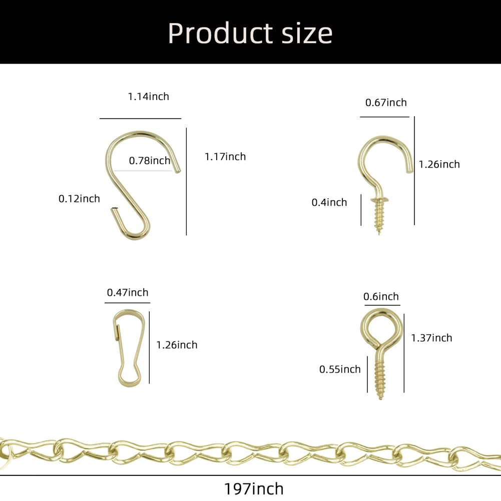 236 Inch Gold Hanging Baskets Chains - Adjustable Length, Brass Decorative Metal Chain with A Great Assortment of Hooks for Hanging Bird Feeders Planters Baskets Billboards Ornaments, Chain Hooks DIY