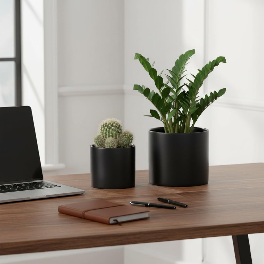 Nihow Flower Pot - 5 & 7 Inch Ceramic Planter Pots for Indoor Plants - Herbs/Snake/Succulent/Orchid Cylinder Plant Pot - Matte Black (Set of 2) - Plants not Included