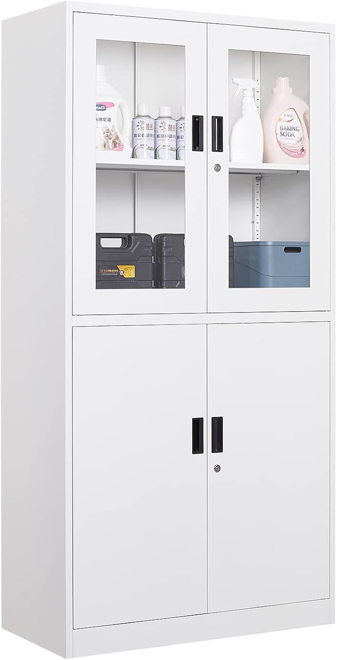 Metal Storage Cabinet with Doors and Shelves, 2 Adjustable Shelves, 4 Doors