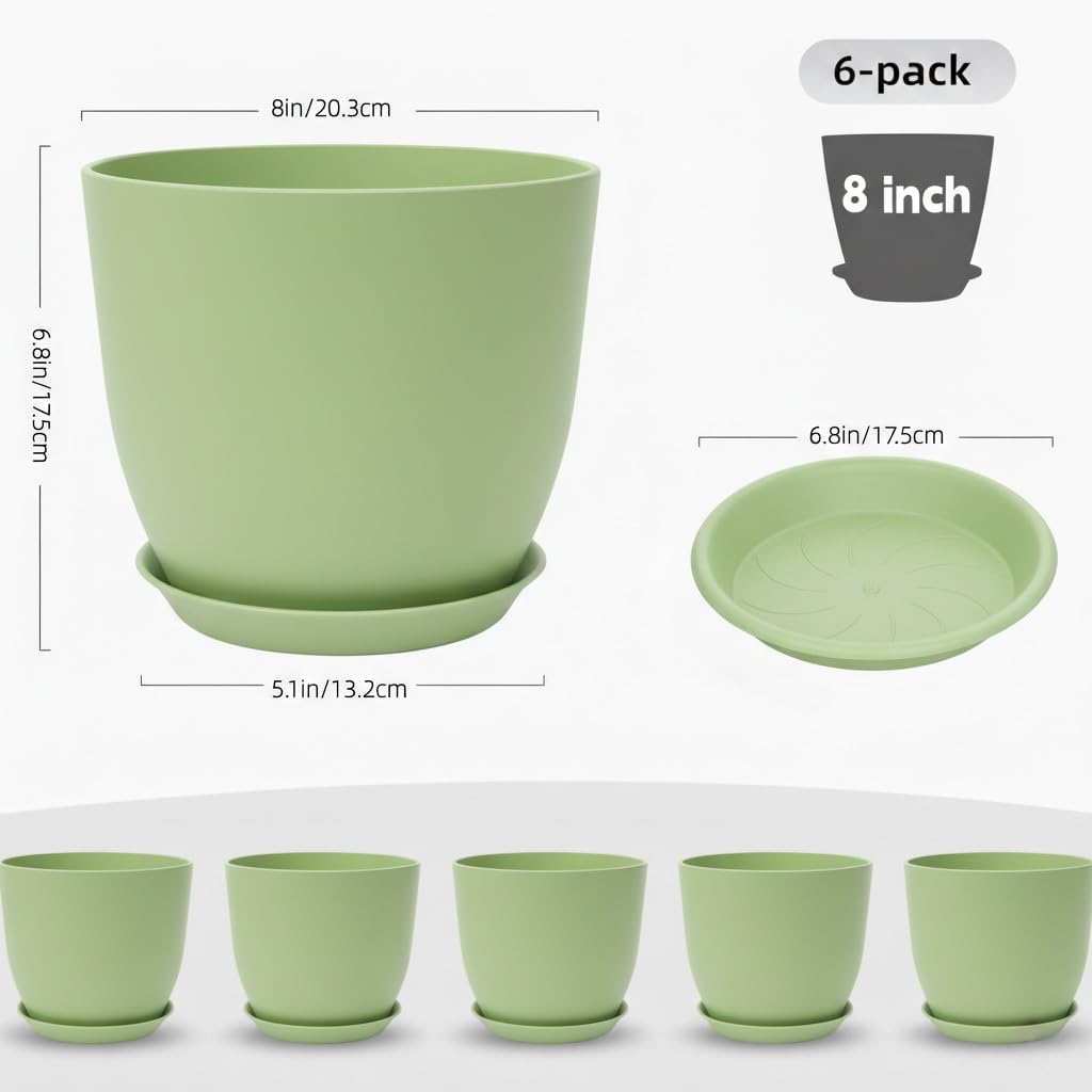 Vanslogreen Plant Pots 8 Inch Set of 6, Flower Pots with Drainage Holes and Saucer, Plastic Garden Planters for Indoor & Outdoor Plants (Green)