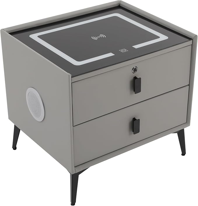 Smart Nightstand w/Fingerprint Lock Drawers, Smart Bedside Table w/USB Charging