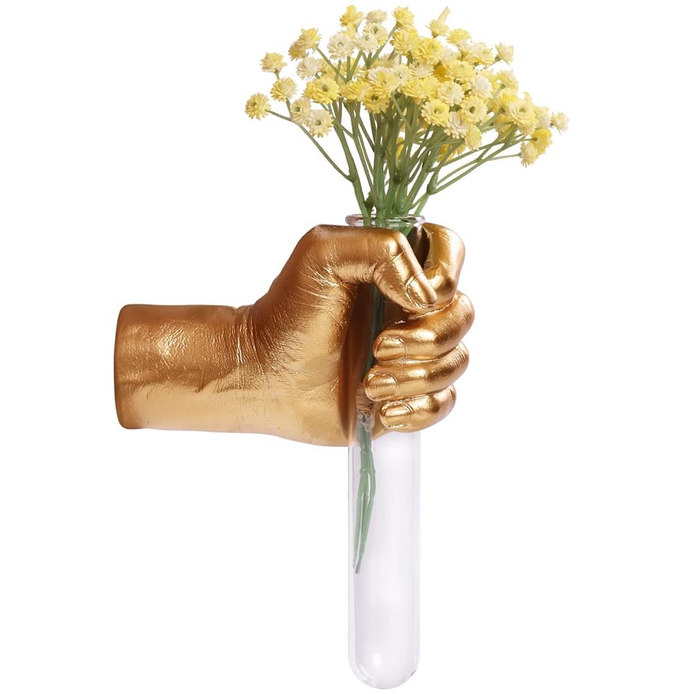 Gold Hand Vase, Wall Mounted Decor - Hanging Statue for Living Rooms & Entrance, Funky Art Sculpture Planter, Esculturas de Pared, Macetas Decorativas, Flower Tubes, Test Tubes for Plants