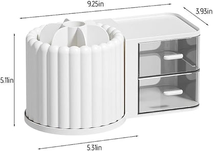 Makeup Organizer Countertop, 360 Rotating Makeup Brush Holder with 2 Drawer Organizer, Small Preppy Kids Desk Organizer, 9.25x5.11 Inch, White