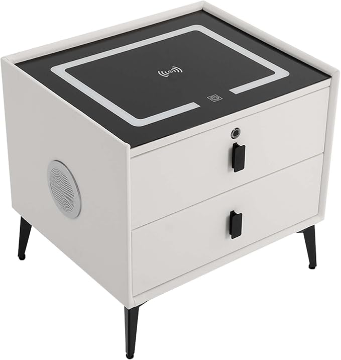 Smart Nightstand w/Fingerprint Lock Drawers, Smart Bedside Table w/USB Charging