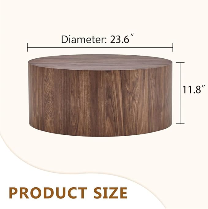 Round Coffee Table, 23.6" Modern Wood Drum Coffee Table, Round Accent Center