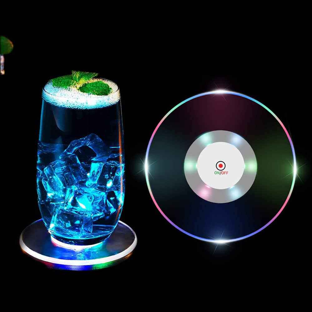 3 PCS Crystal Ultra-Thin LED Coasters for Drinks, 3.9'' Non-Slip Waterproof Transparent LED Luminous Coaster for Beverage Cup Wine Table Club Bar Wedding Halloween Party (Color)