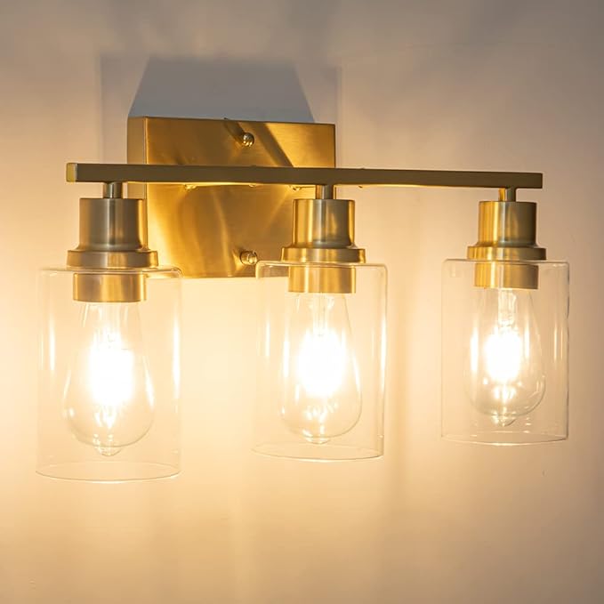 EMONG Gold Bathroom Light Fixtures, 3-Lights Vanity Light with Clear Glass Shade, Brushed Brass Wall Sconce for Hallway, Farmhouse, Living Room
