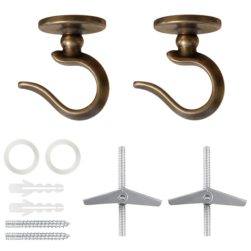 diplambr 2 Pack Ceiling Hook Heavy Duty – Ceiling Hook for Hanging Plants, Macrame, Hanging Basket, Wind Chime – Screw in Metal Hook for Wood Concrete Drywall (2, Antique Bronze)