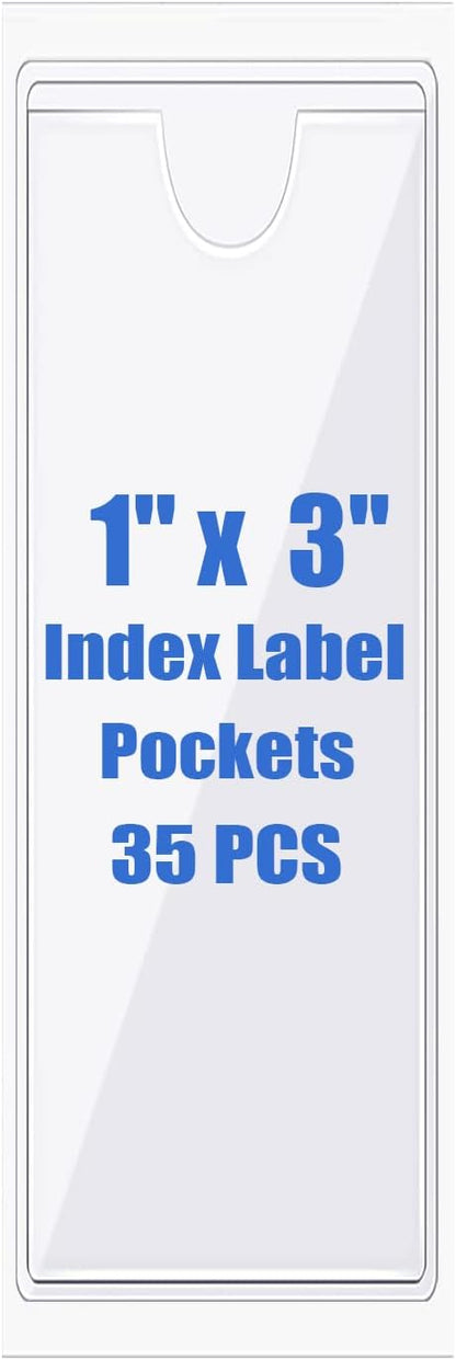 Origin-Joy 35 PCS Self Adhesive Index Card Pockets with Top Open, Clear Plastic Label Holder for Cards of Note, Library and Business, Adhesive Label Pockets & Card Holder (1 x 3 inch)