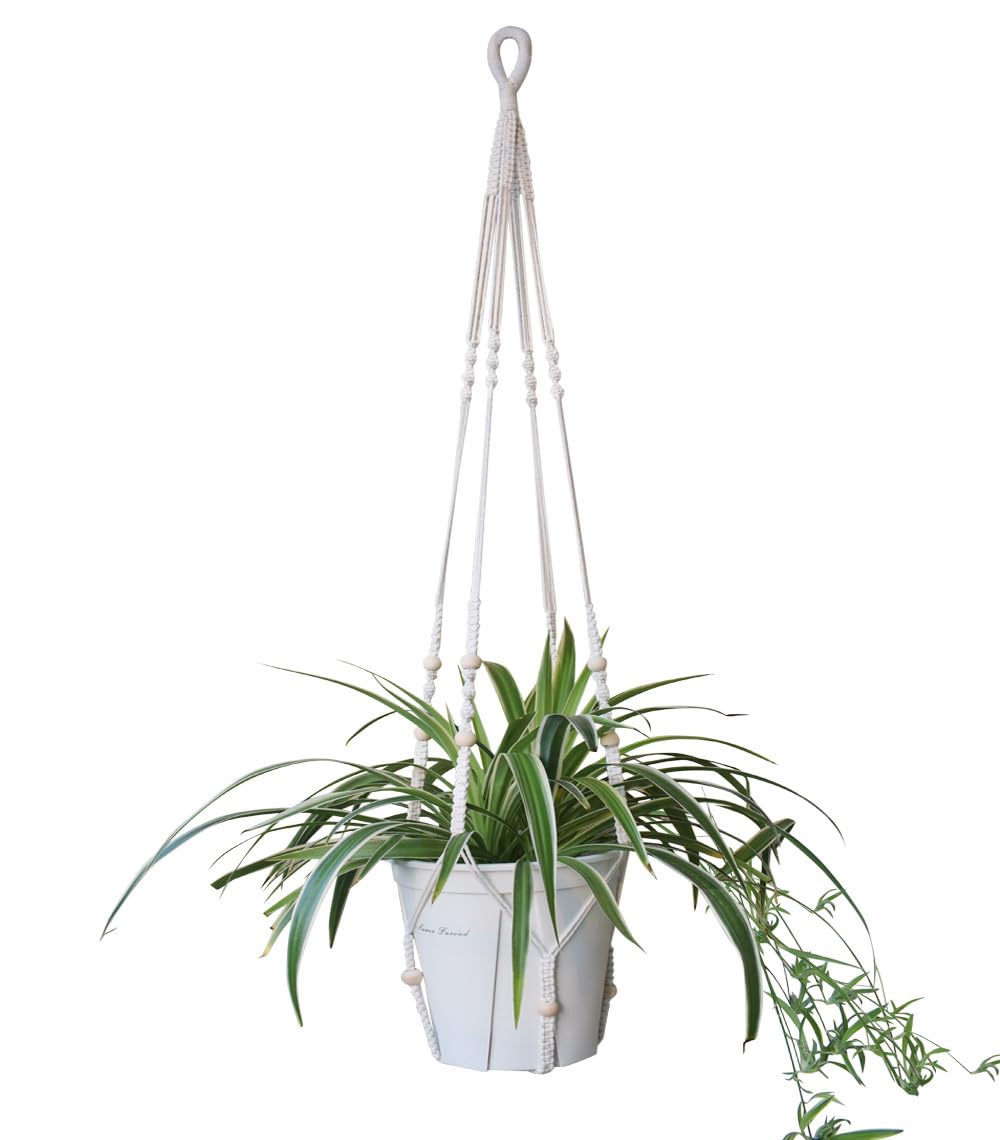 Xibelezal Macrame Plant Hanger Extra Long (52") Indoor Plant Holder with Beads, no Tassel- Long Plant Hanger for Tall Ceiling- Hanging Plant Holder for 6”-14”Pots -(1 Pack)