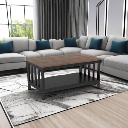 ChooChoo Farmhouse Coffee Table, Black Living Room Table with Shelf, 40 Inch