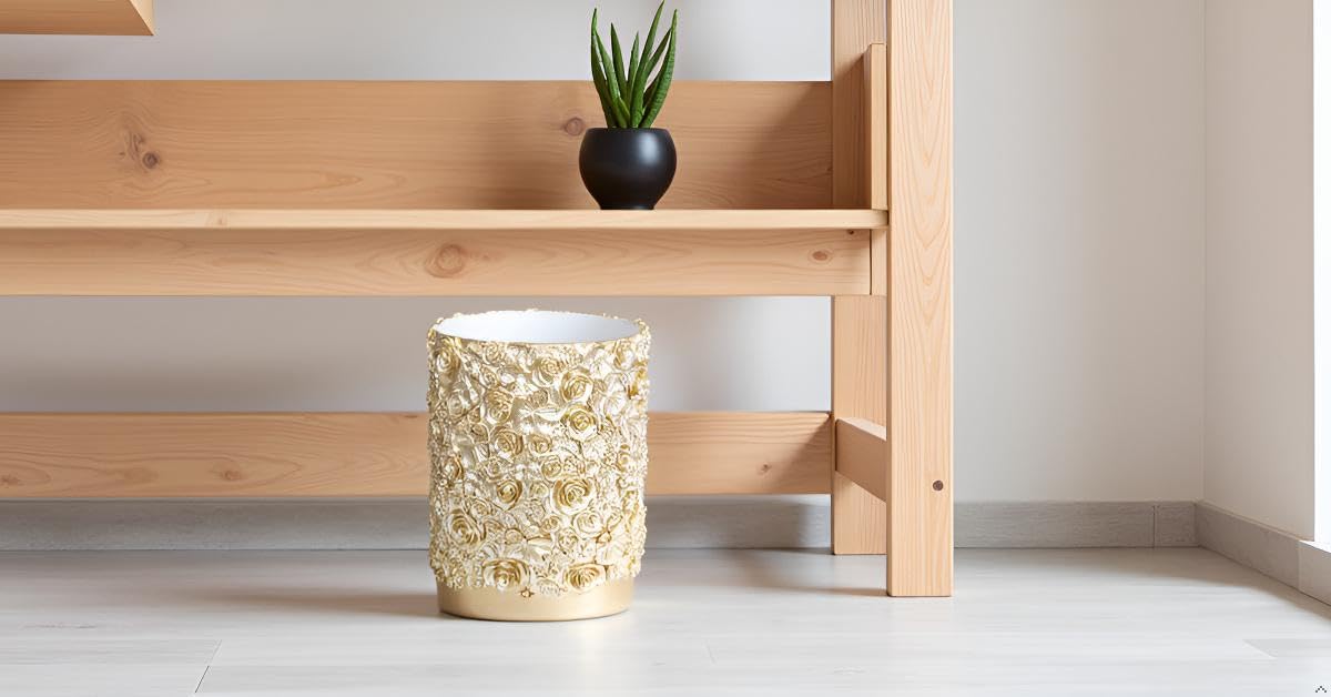 Huitony Decorative Glod Trash Can Elegant Resin Carved Waste Basket 8"x10" Trash Bin Decor Rose Floral Garbage Can for Office Bathroom,Bedroom,Livingroom 8L/2.2Gallon(Gold)
