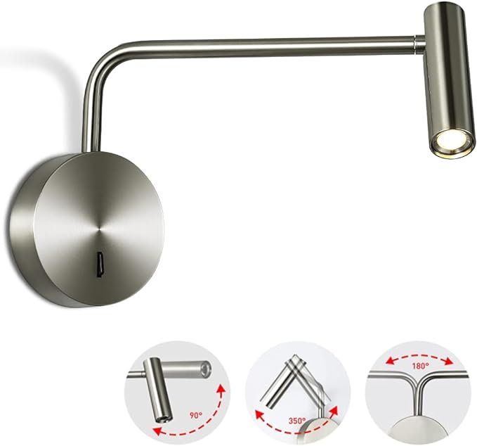 ZEROUNO Wall Mounted Reading Light Swing Arm Bedside Lamps for Bedroom Hardwired Sconces with Switch LED Mounted for Home Decor Wall Lighting Fixtures Indoor (Silver)