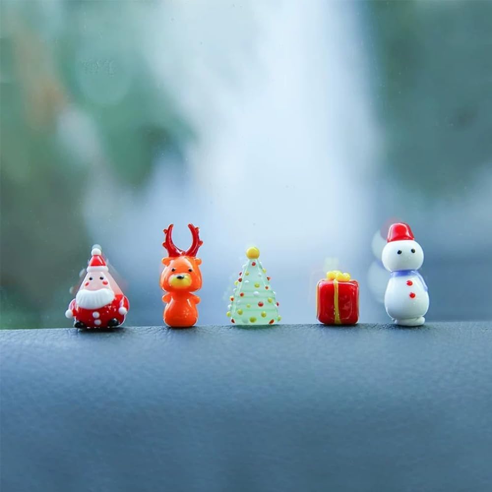 Mollytek 5PCS Mini Hand Blown Glass Figurines Collectibles Miniature Hand Blown Glass Ornaments Decor Assorted Cute Home Office Table Computer Car Dashboard Ornament (Christmas)
