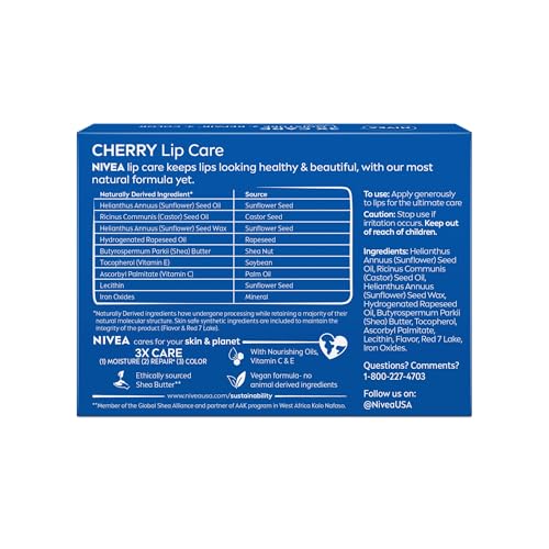 NIVEA Lip Care, Fruity Tinted Lip Balm Variety Pack, Cherry, Strawberry, Blackberry and Watermelon Flavors, 3-in-1 Moisture, Repair and Color, 0.17 Oz Stick, Pack of 4