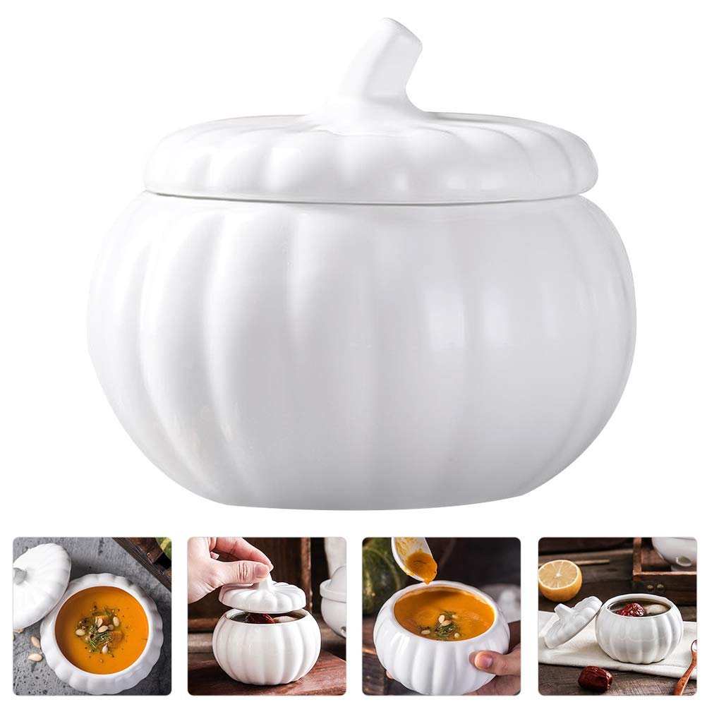 BESTonZON Ceramic Pumpkin Soup Bowl with Lid 4.13 Inch Covered Stew Soup Bowl Porcelain Serving Dish for Pumpkin Desserts and Stews Kitchen Dinnerware
