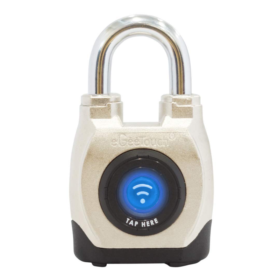 eGeeTouch 4th GEN. Outdoor Smart Padlock, Weatherproof, Rugged Design for Commercial use, Bluetooth + NFC (1 Pack) Satin Silver
