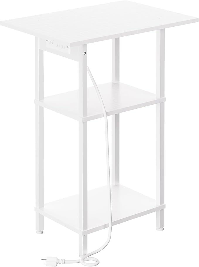 Asgolion Tall Side Table with Charging Station, Skinny End Table Nightstand